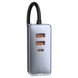 Rychlonabíječka do auta Baseus 3xUSB/1xUSB-C120W s prodlužovacím kabelem 1,5m šedý