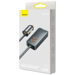 Rychlonabíječka do auta Baseus 3xUSB/1xUSB-C120W s prodlužovacím kabelem 1,5m šedý