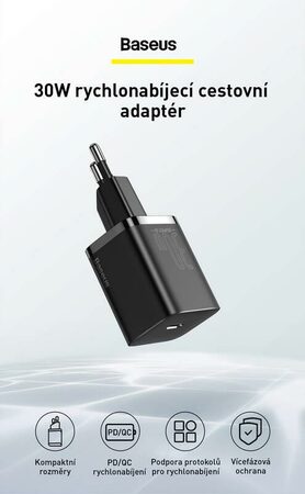 Rychlonabíječka do sítě Baseus Super Si USB-C PD QC 30W černá