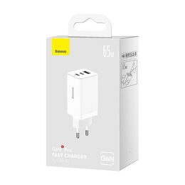 Rychlonabíječka do sítě Baseus GaN5 Pro 65W 2x USB-C, 1x USB bílá s kabelem USB-C/USB-C 100W 1m