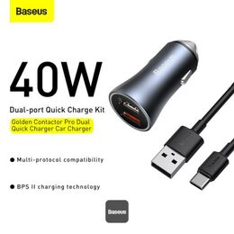 Rychlonabíječka do auta Baseus Golden Contactor Pro Dual 2xUSB 40W s kabelem USB/USB-C 5A 1m šedá