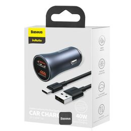 Rychlonabíječka do auta Baseus Golden Contactor Pro Dual 2xUSB 40W s kabelem USB/USB-C 5A 1m šedá