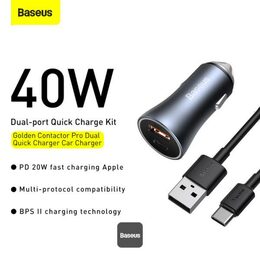 Rychlonabíječka do auta Baseus Golden Contactor Pro Dual USB+USB-C 40W s kabelem USB/USB-C 5A 1m