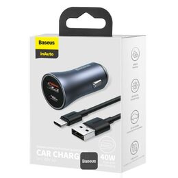 Rychlonabíječka do auta Baseus Golden Contactor Pro Dual USB+USB-C 40W s kabelem USB/USB-C 5A 1m
