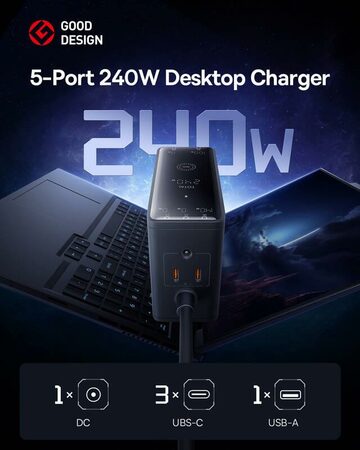 Nabíjecí stanice Baseus Digital Charger 240W GaN, 3xUSB-C, USB+ DC, 1m kabel černá