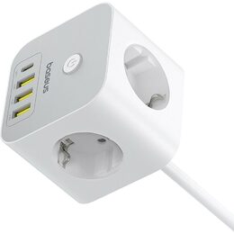 Prodlužovací kabel Baseus PowerCombo Cube 3x zásuvka + 3x USB + 1x USB-C 20W 1.5m bílý