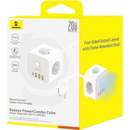 Prodlužovací kabel Baseus PowerCombo Cube 3x zásuvka + 3x USB + 1x USB-C 20W 1.5m bílý