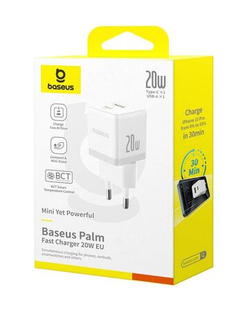 Rychlonabíječka do sítě Baseus Palm 20W 1xUSB 1xUSB-C PD QC 3.0 bílá