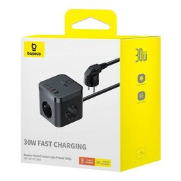 Prodlužovací kabel Baseus PowerCombo Cube 3x zásuvka + 2x USB + 2x USB-C 30W 1.5m černý
