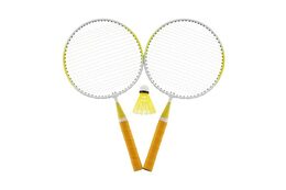 Badminton sada dětská kov/plast 2 pálky + 1 košíček 2 barvy v síťce 23x45x6cm