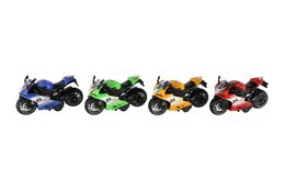 Motorka silniční plast 13cm na zpětné natažení na baterie se světle, zvukem 4 barvy 12ks v boxu
