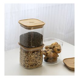 Dóza Pebbly, PKV-005, skleněná, 800 ml, čtverec, bambusové víko, 11 x 11 x 11 cm