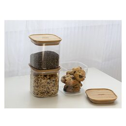 Dóza Pebbly, PKV-005, skleněná, 800 ml, čtverec, bambusové víko, 11 x 11 x 11 cm