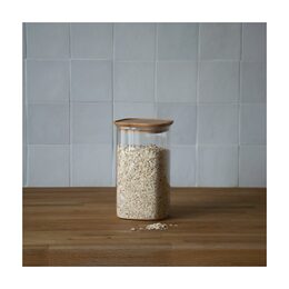Dóza Pebbly, PKV-006, skleněná, 1,4 l, čtverec, bambusové víko, 11 x 11 x 19 cm