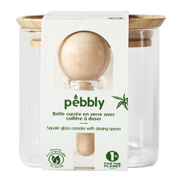 Dóza Pebbly, PKV-049, skleněná, čtvercová, na potraviny, 800 ml, bambusové víko,
odměrka 5 ml, 11 x 11 x 11 cm
