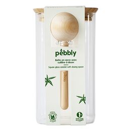 Dóza Pebbly, PKV-050, skleněná, čtvercová, na potraviny, 1,4 l, bambusové víko,
odměrka 15 ml, 11 x 11 x 19 cm