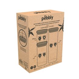 Sada dóz Pebbly, PKV-035, sada 3 ks, skleněná, čtverec, na jídlo, 0,8 ml, 1,4 a
2,2 l, bambusové víko