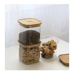 Sada dóz Pebbly, PKV-015, set 3ks, skleněné, čtvercové, 800 ml, bambusové víko,
11 x 11 x 11 cm