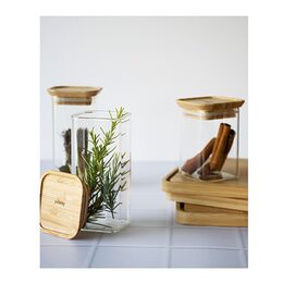 Dózy Pebbly, PKV-048, sada 2 ks, skleněné, čtvercové, na potraviny, 320 ml,
bambusové víko, 6 x 6 x 13,5 cm