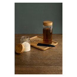 Dóza Pebbly, PKV-026, skleněná, kulatá, na jídlo, 450 ml, bambusové víko s
uzávěrem, 8,5 x 8,5 x 12 cm