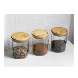 Sada dóz Pebbly, PKV-014, set 3ks, skleněné, kulaté, 180 ml, bambusové víko s
uzávěrem, 6,5 x 6,5 x 8,5 cm