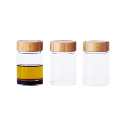 Dózy Pebbly, PKV-030, set 3 ks, skleněné, kulaté, 75 ml, bambusové víko s
uzávěrem, 4,7 x 4,7 x 7,5 cm