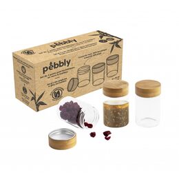 Dózy Pebbly, PKV-030, set 3 ks, skleněné, kulaté, 75 ml, bambusové víko s
uzávěrem, 4,7 x 4,7 x 7,5 cm