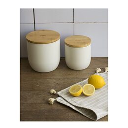 Dóza Pebbly, NBA189, kovová, 1,2 l, kulatá, krémová, bambusové víko