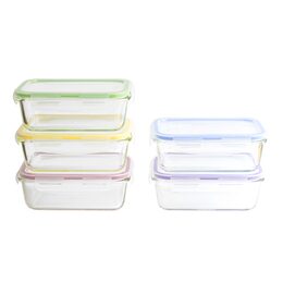 Sada dóz Pebbly, PKV-5SRB, sada 5 kusů, skleněné, obdélníkové, barevná víčka,
850 ml, 18,5 x 13 x 5,5 cm