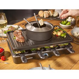 Raclette gril s fondue Severin, RG 2347, 2v1, pro 8 osob, grilovací deska a
nádoba s keramickým povrchem, nastavitelný termostat, 1400 W