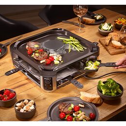 Raclette gril Severin, RG 2379, SEVENTO, funkce cirkulačního vzduchového filtru,
s povlakem ILAG, digitální displej, 8 pánviček a špachtlí,