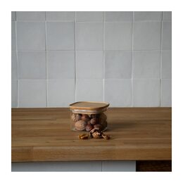 Dóza Pebbly, PKV-042, skleněná, 500 ml, čtverec, bambusové víko, 11 x 11 x 7 cm
