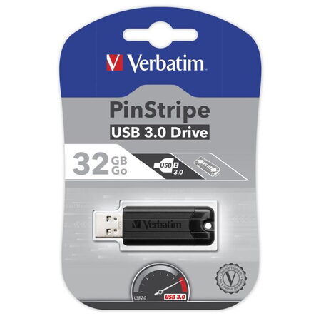 32GB USB Flash 3.0 PinStripe Bk VERBATIM