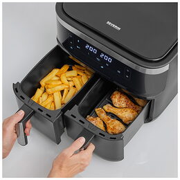 Fritéza Severin, FR 2453, horkovzdušná, Low Fat, dobule, 2 x 3,8 L, dotykové
ovládání, 8 programů, 2850 W