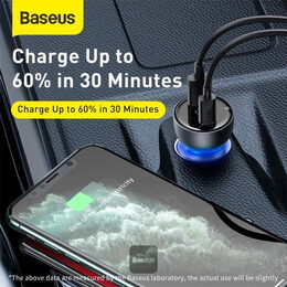 Rychlonabíječka do auta Baseus 1xUSB/1xUSB-C 5A 65W s displejem šedá