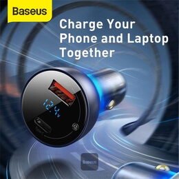 Rychlonabíječka do auta Baseus 1xUSB/1xUSB-C 5A 65W s displejem šedá