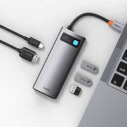 Dokovací stanice Baseus Ultra Joy 6v1 šedá (3xUSB 3.0, USB-C, USB-C PD, HDMI, Ethernet RJ45)