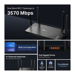 WiFi router TP-Link Archer BE220 BE3600, WiFi 7, 1x GWAN, 4x GLAN, USB, 2,4/5/6GHz, EasyMesh