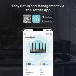 WiFi router TP-Link Archer BE400 BE6500, WiFi 7, 1x 2,5GWAN, 1x 235GLan, 3x 2,5GLan, USB, 2,4/5GHz, EasyMesh, HomeShield