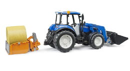 Bruder Traktor New Holland T5.120 s čelním nakladačem, korbou, vidlemi a kulatým balíkem