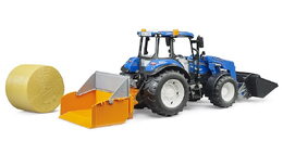 Bruder Traktor New Holland T5.120 s čelním nakladačem, korbou, vidlemi a kulatým balíkem