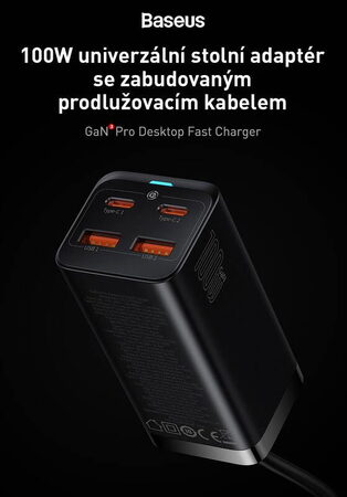 Rychlonabíječka do sítě Baseus GaN3, 2x USB-A, 2x USB-C 100W černá