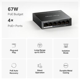 Switch TP-Link Mercusys MS106P 2x LAN, 4x LAN s PoE, 67W
