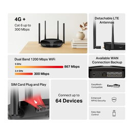 Modem TP-Link Mercusys MB235-4G AC1200, LTE s WiFi routerem, 3x GLAN, 1x GWAN, 1x slot SIM, 2,4/5GHz