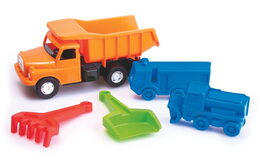 Auto Tatra 148 sklápěč oranžová plast 30cm + formičky 2ks,lopatka,hrabičky v síťce 12m+