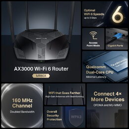 WiFi router TP-Link MERCUSYS MR80X AX3000 dual AP/router, 3x GLAN, 1x GWAN/ 574Mbps 2,4/ 2402Mbps 5GHz, poškozený obal