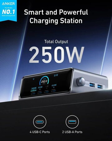 Nabíjecí stanice Anker Prime 250W 4xUSB-C, 2xUSB stříbrná