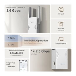 WiFi extender TP-Link RE235BE WiFi 7 AP/Extender/Repeater, BE3600, 1x 2,5GLAN, fixní anténa, EasyMesh