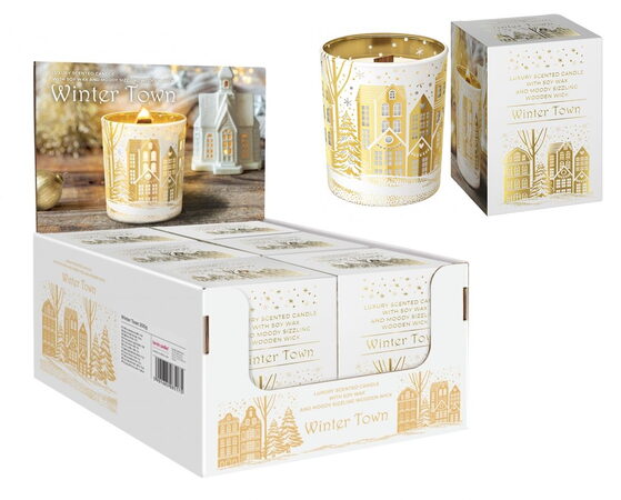 Bartek vánoční svíčka vosková ve skle  200g zimní město s dřevěným knotem 0155