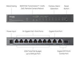 Switch TP-Link ES210GP 1x GLan, 8x GLan s PoE+, 1x SPF combo, 63W, Omáda SDN